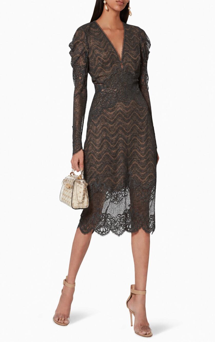 Jonathan Simkhai Lace Midi Dress Womens 2 Black Puffed Sleeve Overlay Romantic